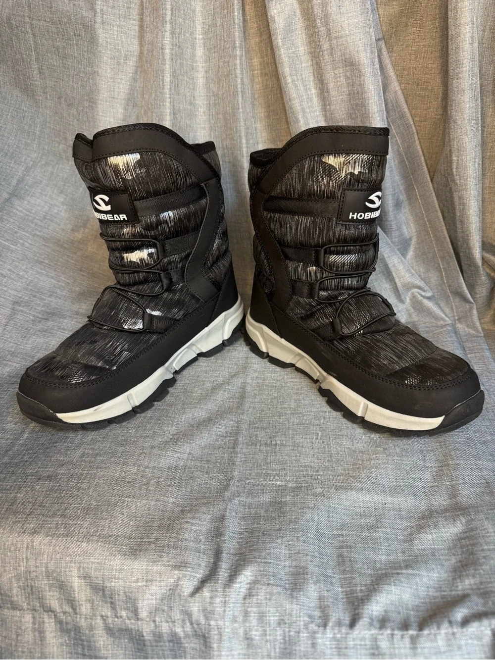 HOBIBEAR Kids Winter Snow Boots Faux Fur Lined Waterproof Black Gray Size 6.5